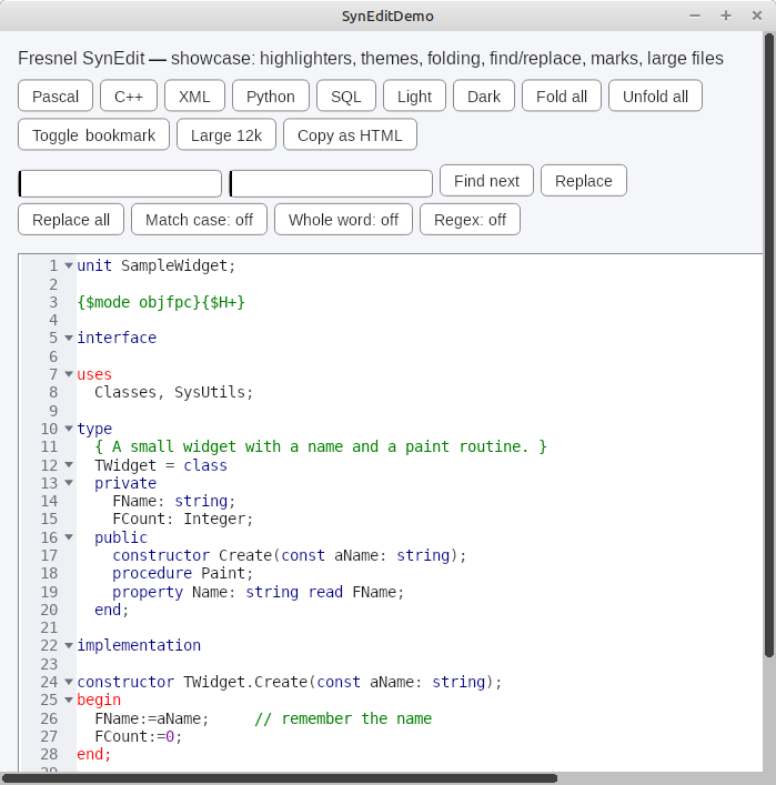 SynEdit for Fresnel, with syntax highlighting and code completion.